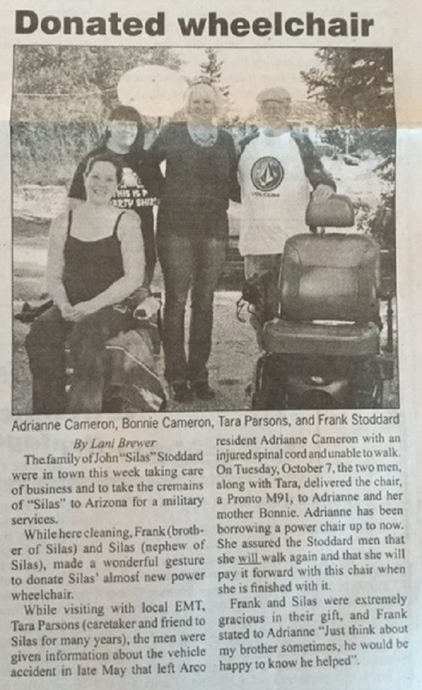 Frank and Silas Stoddard Donate Deceased Brothers Wheel Chair